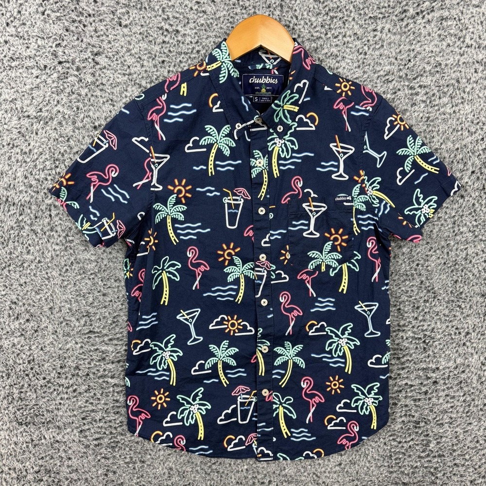 Chubbies Shirt Mens Small Blue Neon Tropical Hawaiian Button Up Rayon Beach